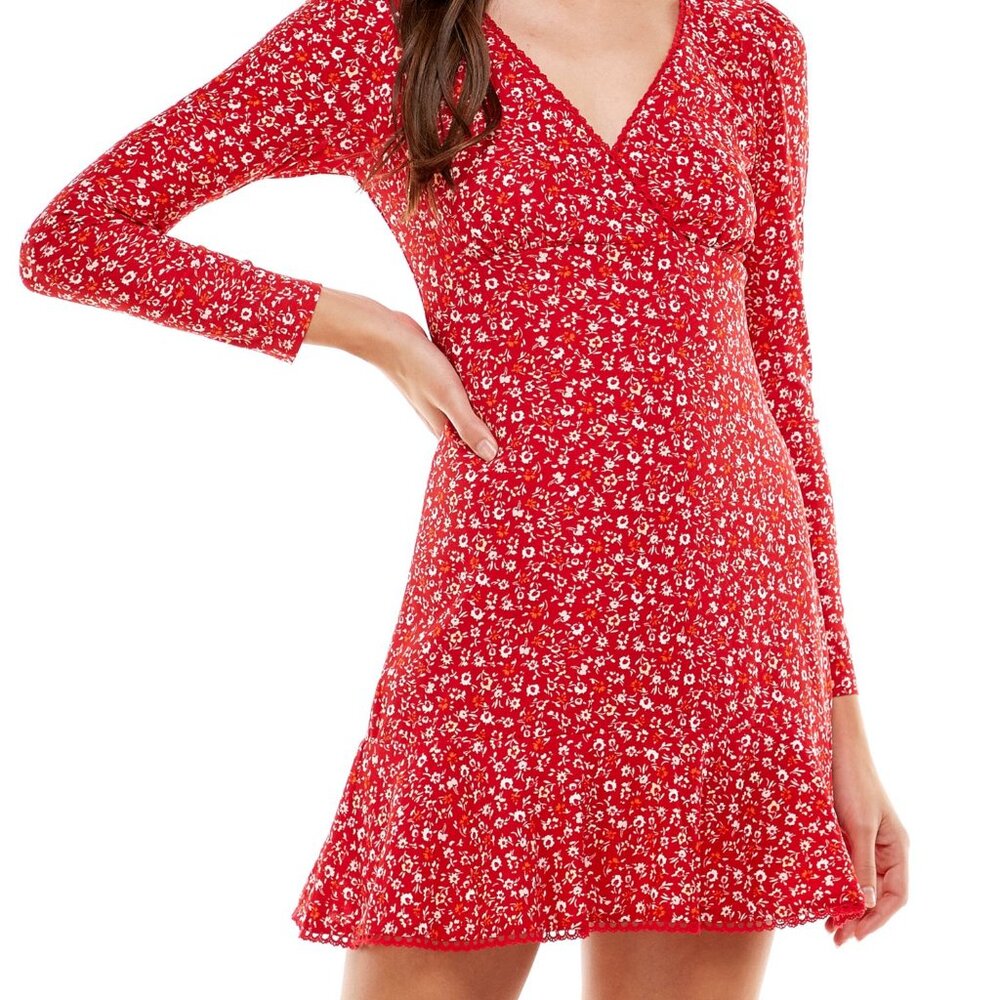 CITY STUDIO women's red floral long sleeve mini dress Large lace trim NEW W-016